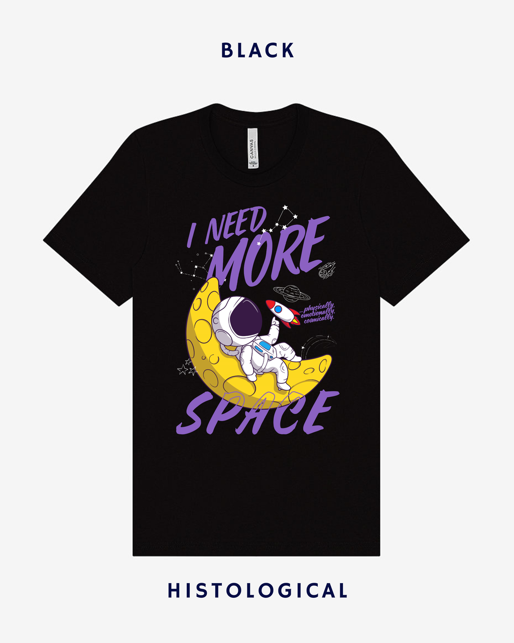 Black t-shirt with an astronaut graphic and 'I Need More Space' text on a white background