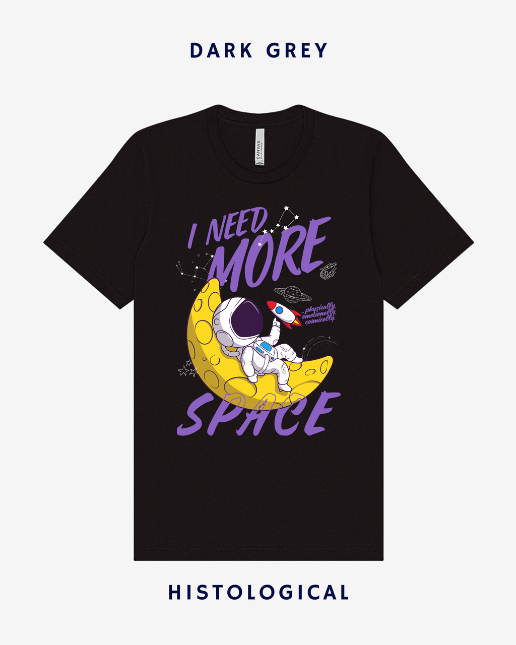 Black t-shirt with an astronaut graphic and 'I Need More Space' text on a white background