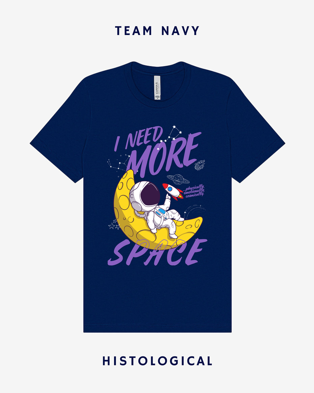 Navy blue t-shirt with an astronaut graphic and 'I Need More Space' text on a white background.