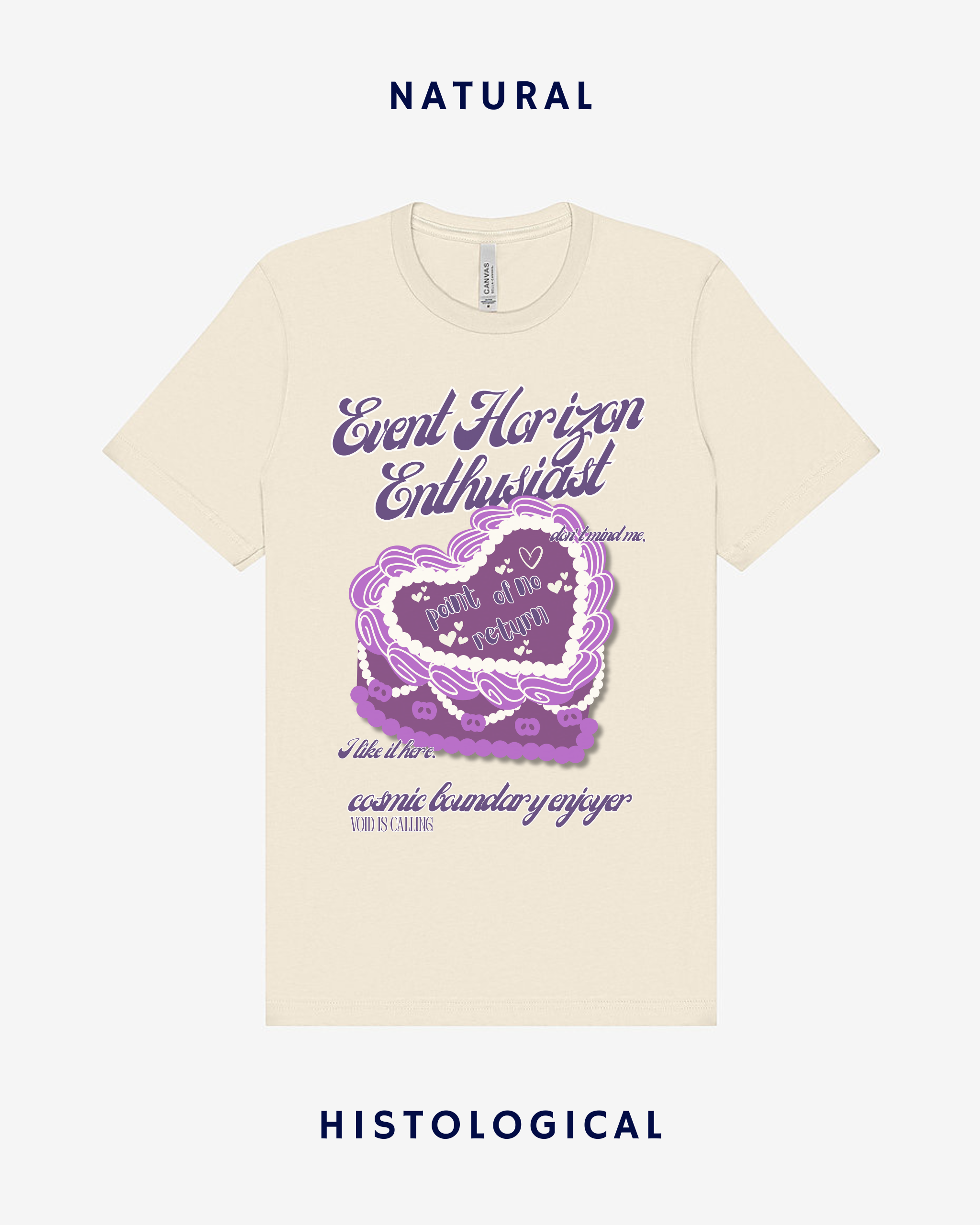 Beige t-shirt with purple graphic and text on a white background