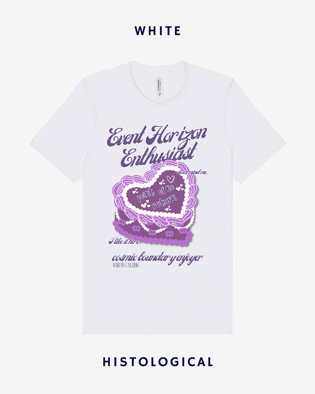 White t-shirt with purple graphic design and text on a white background