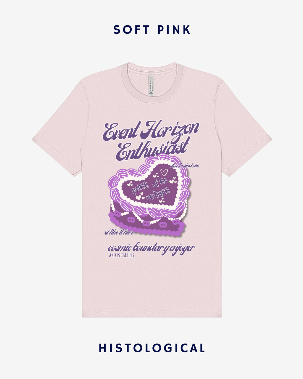 Pink t-shirt with purple graphic and text on a white background