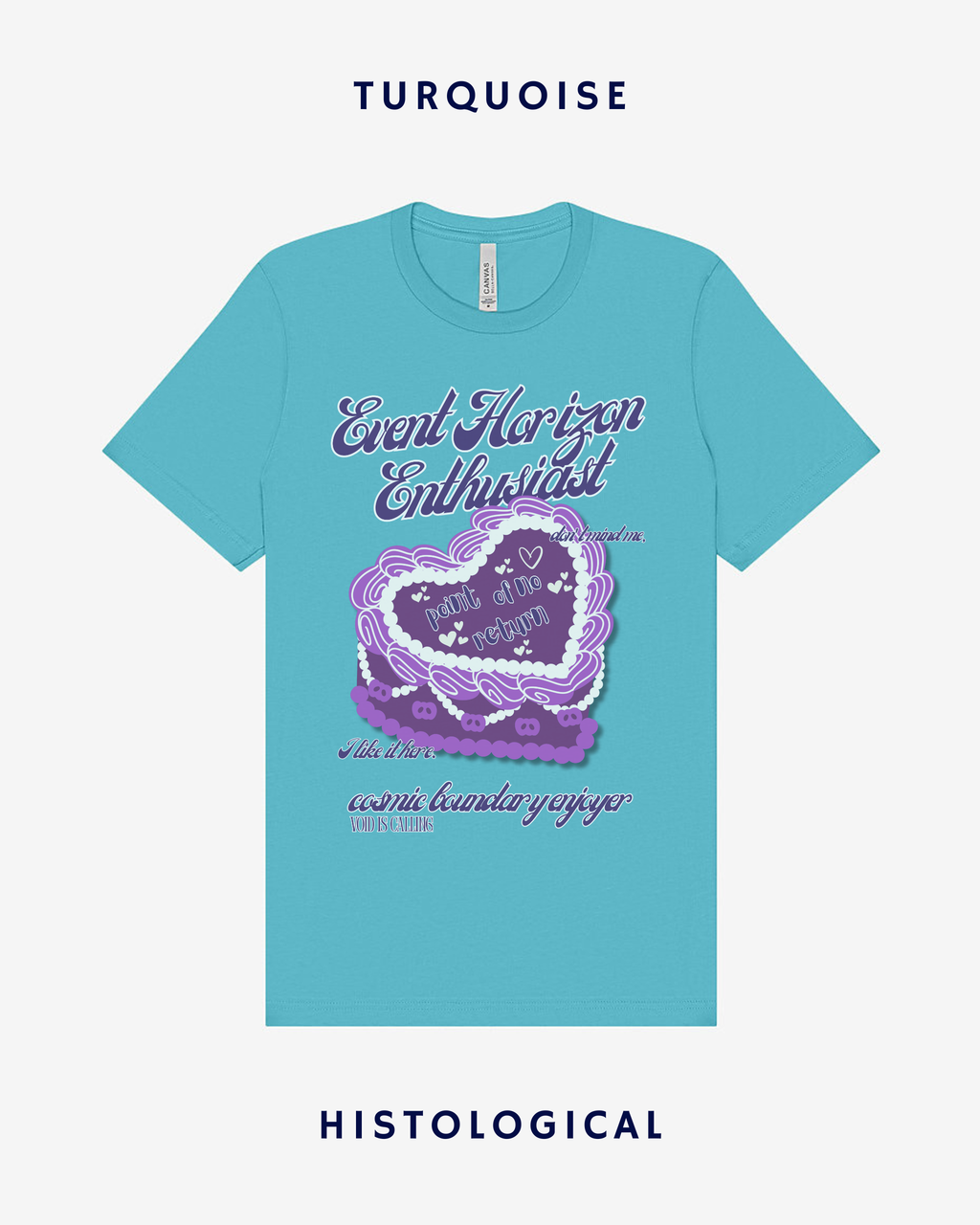 Turquoise t-shirt with purple graphic and text on a white background