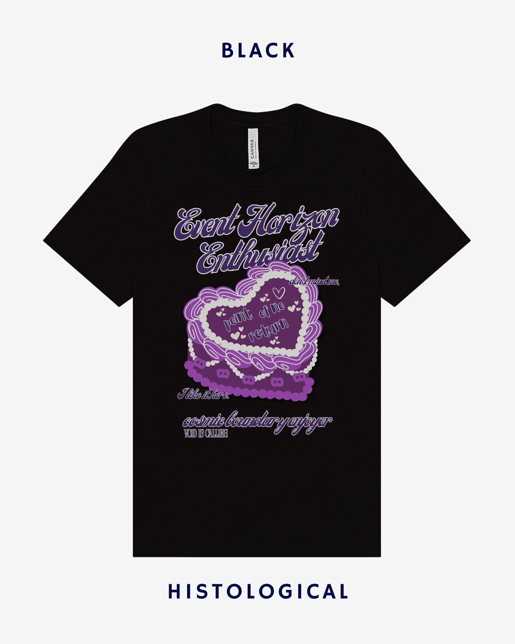 Black t-shirt with purple and white design on a white background