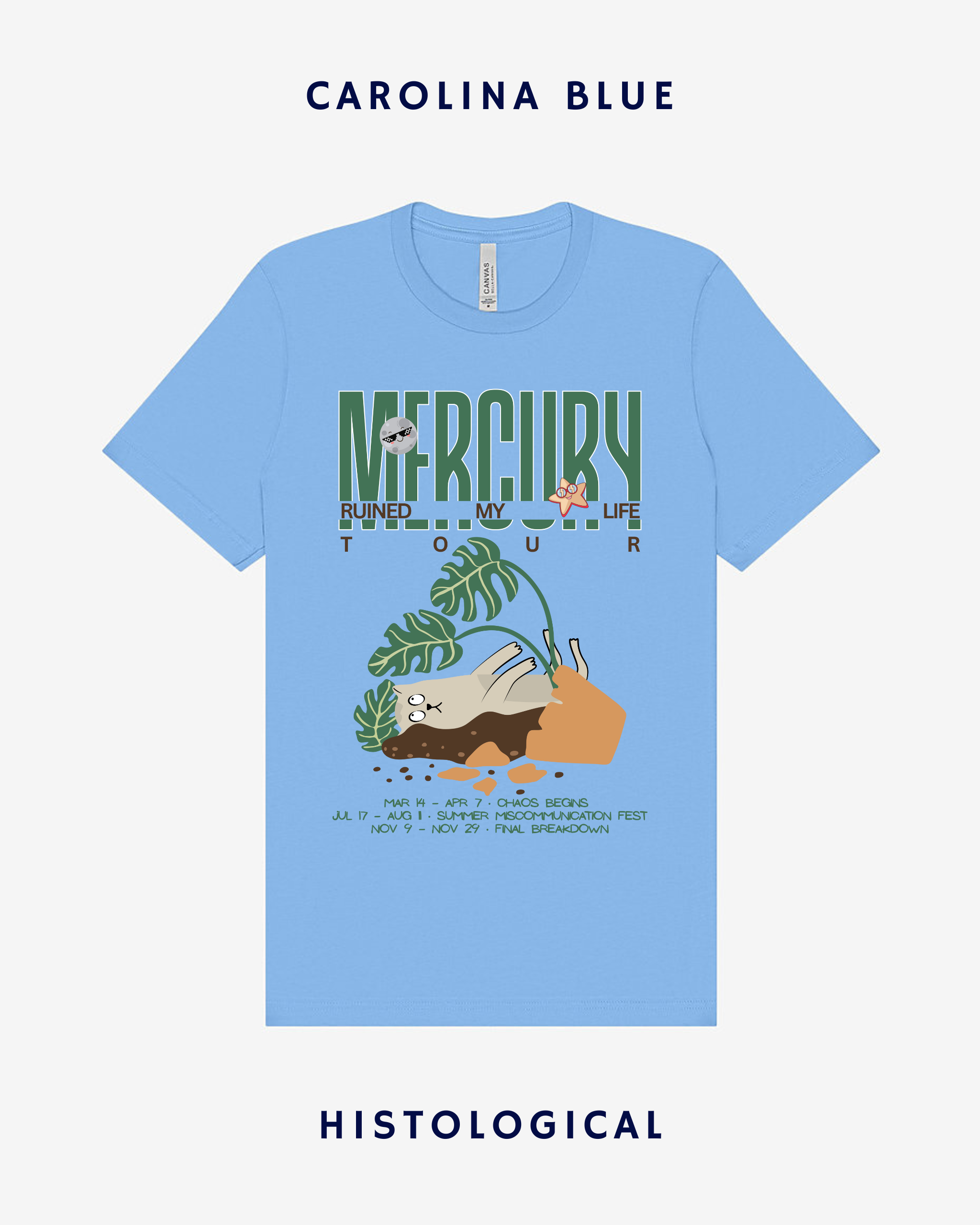 Light blue t-shirt with sloth graphic and text on a white background