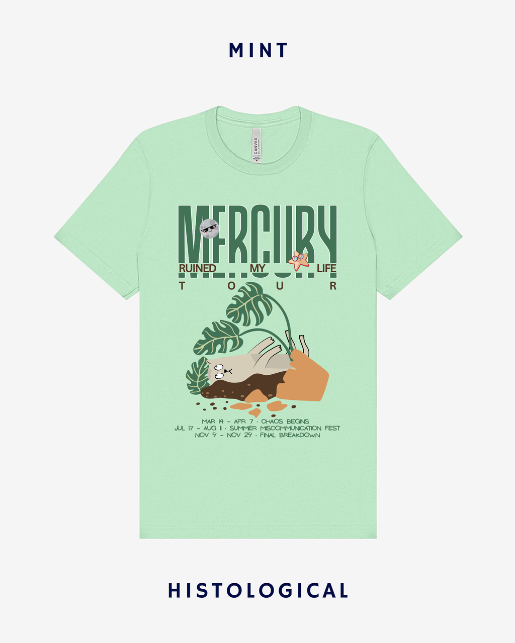 Light green t-shirt with graphic design and text on a white background