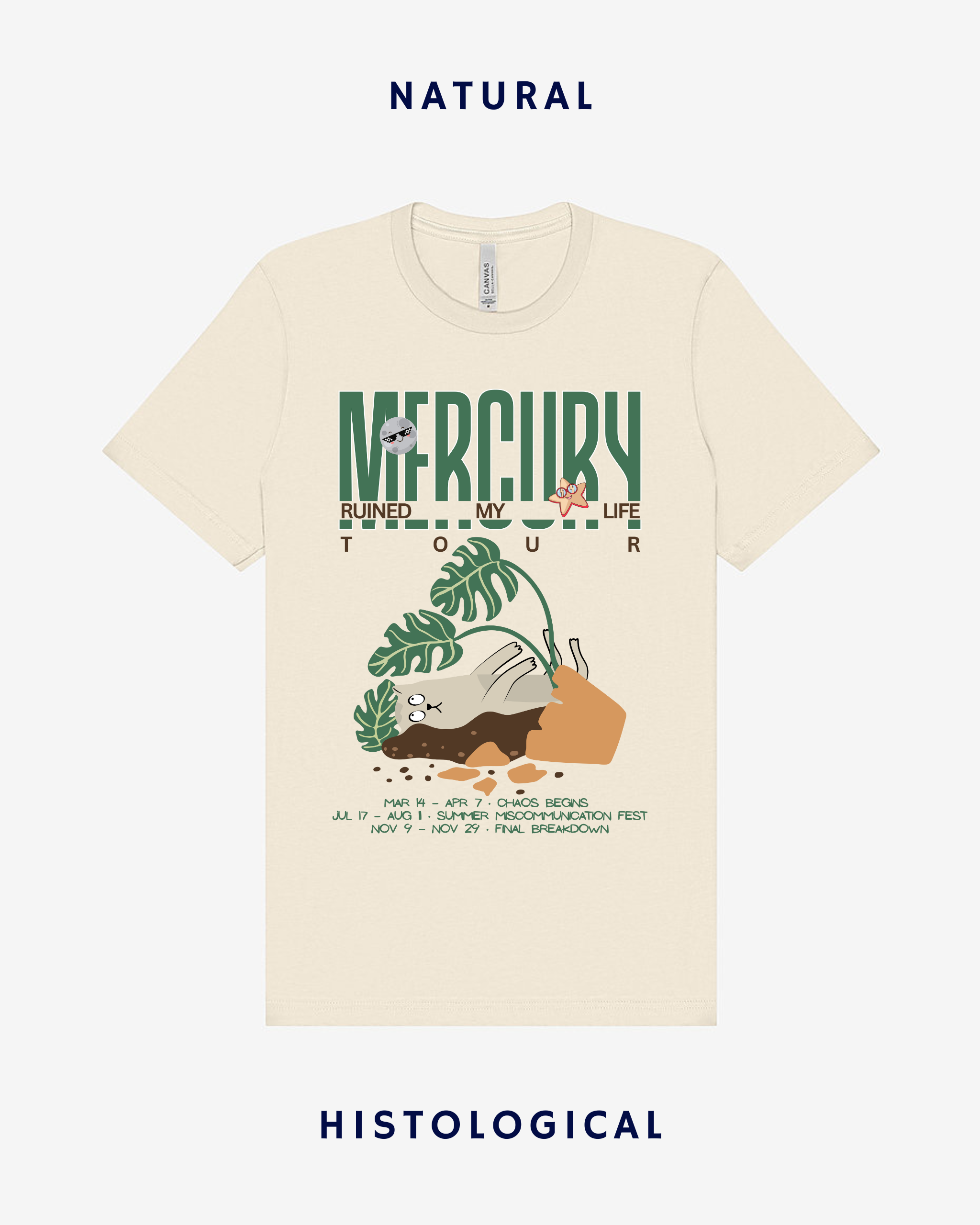 Beige t-shirt with graphic design and text on a white background