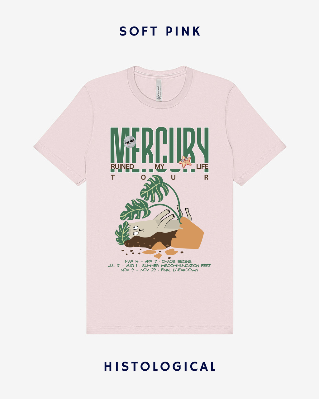 Pink t-shirt with green text and graphics on a white background