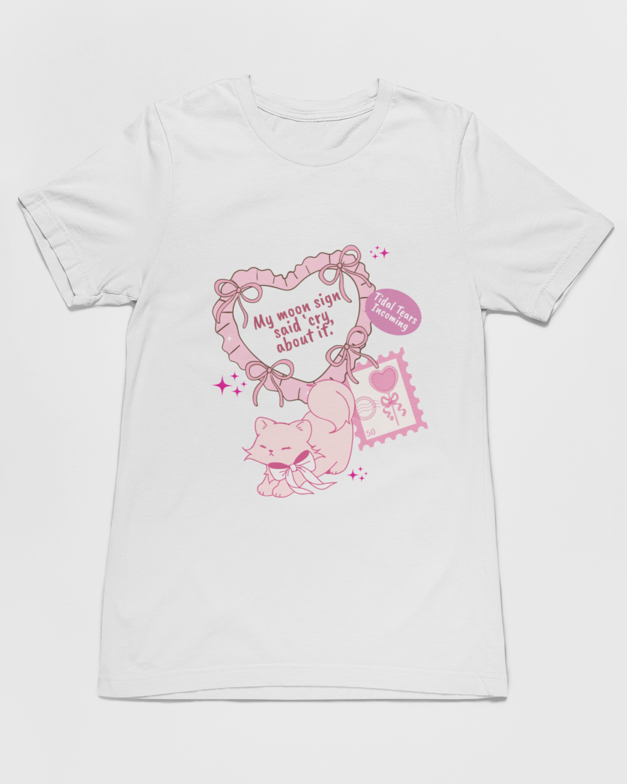 White t-shirt with pink cartoon design on a white background