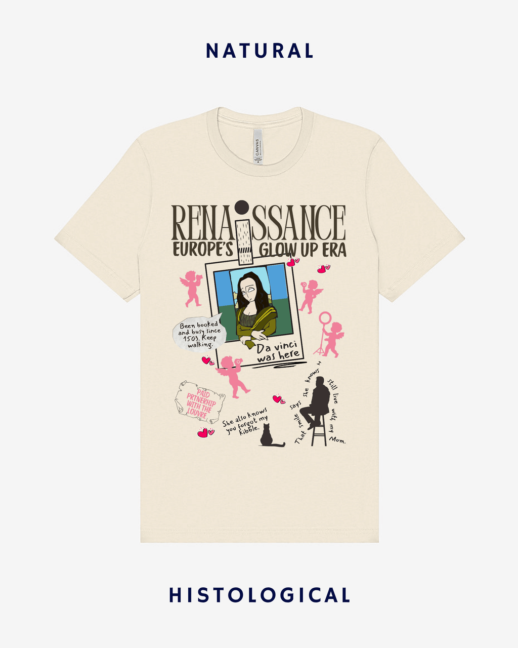 Beige t-shirt with graphic design featuring a Mona Lisa and text on a white background