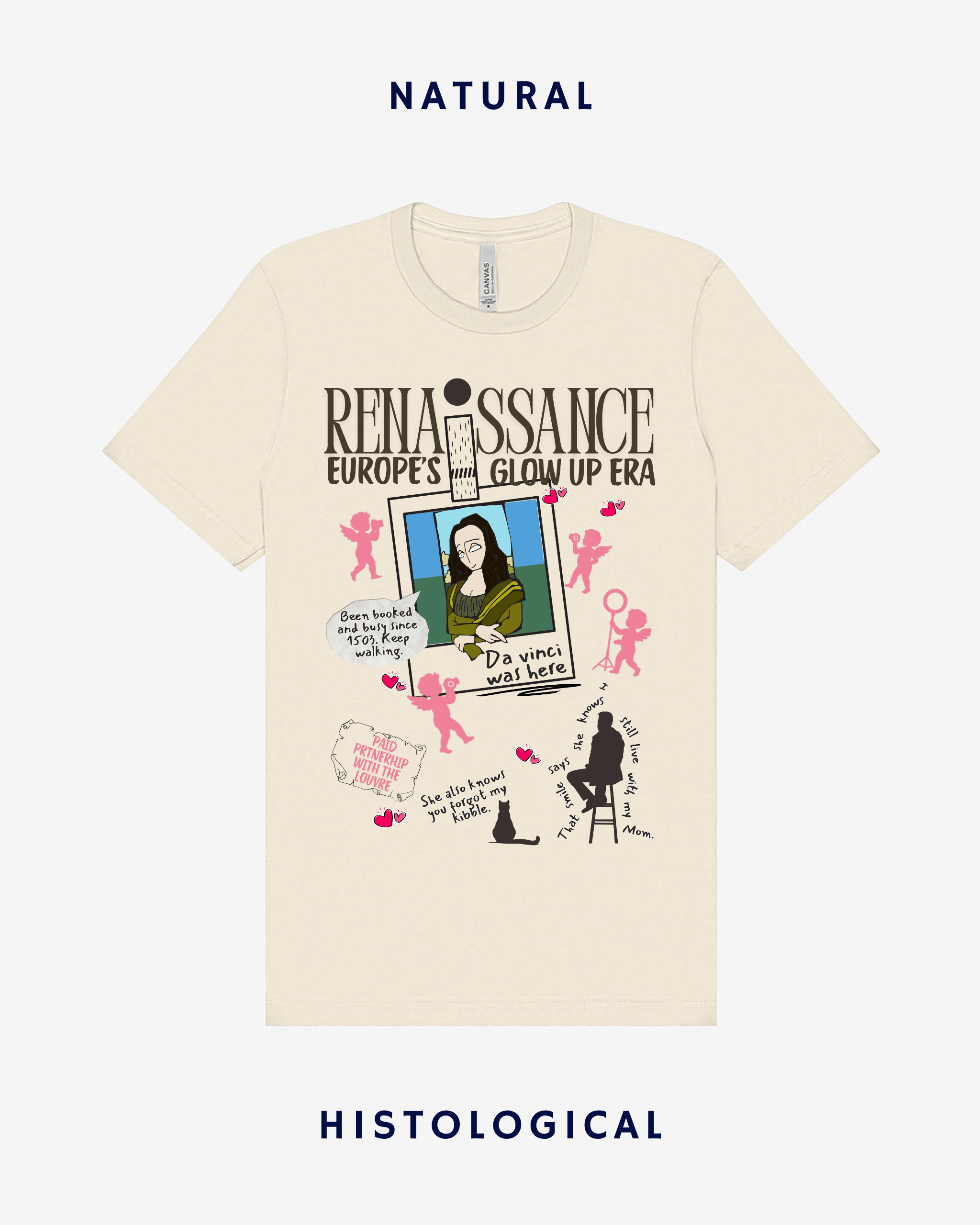 Beige t-shirt with graphic design featuring a Mona Lisa and text on a white background