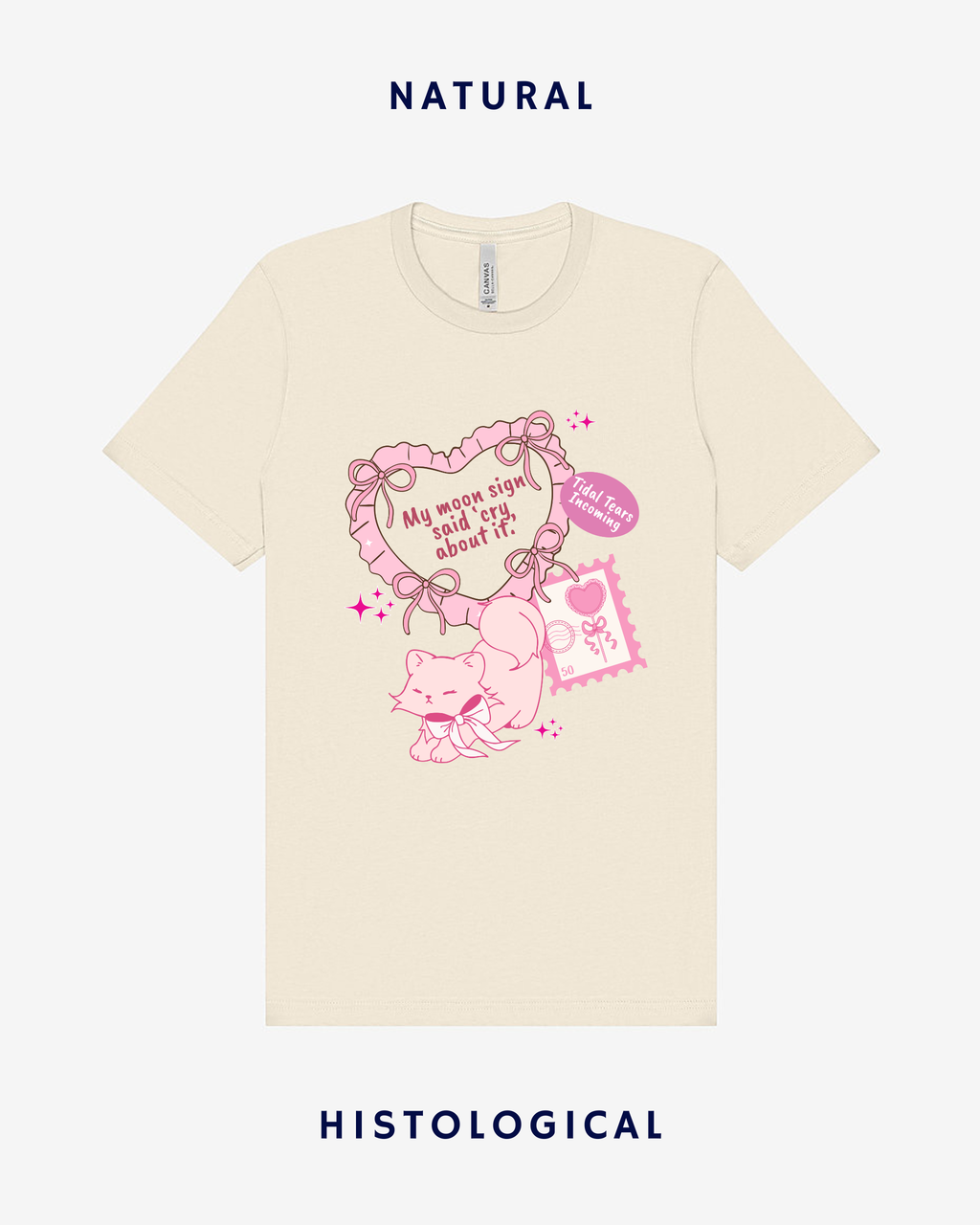 Beige t-shirt with pink graphic design on a white background