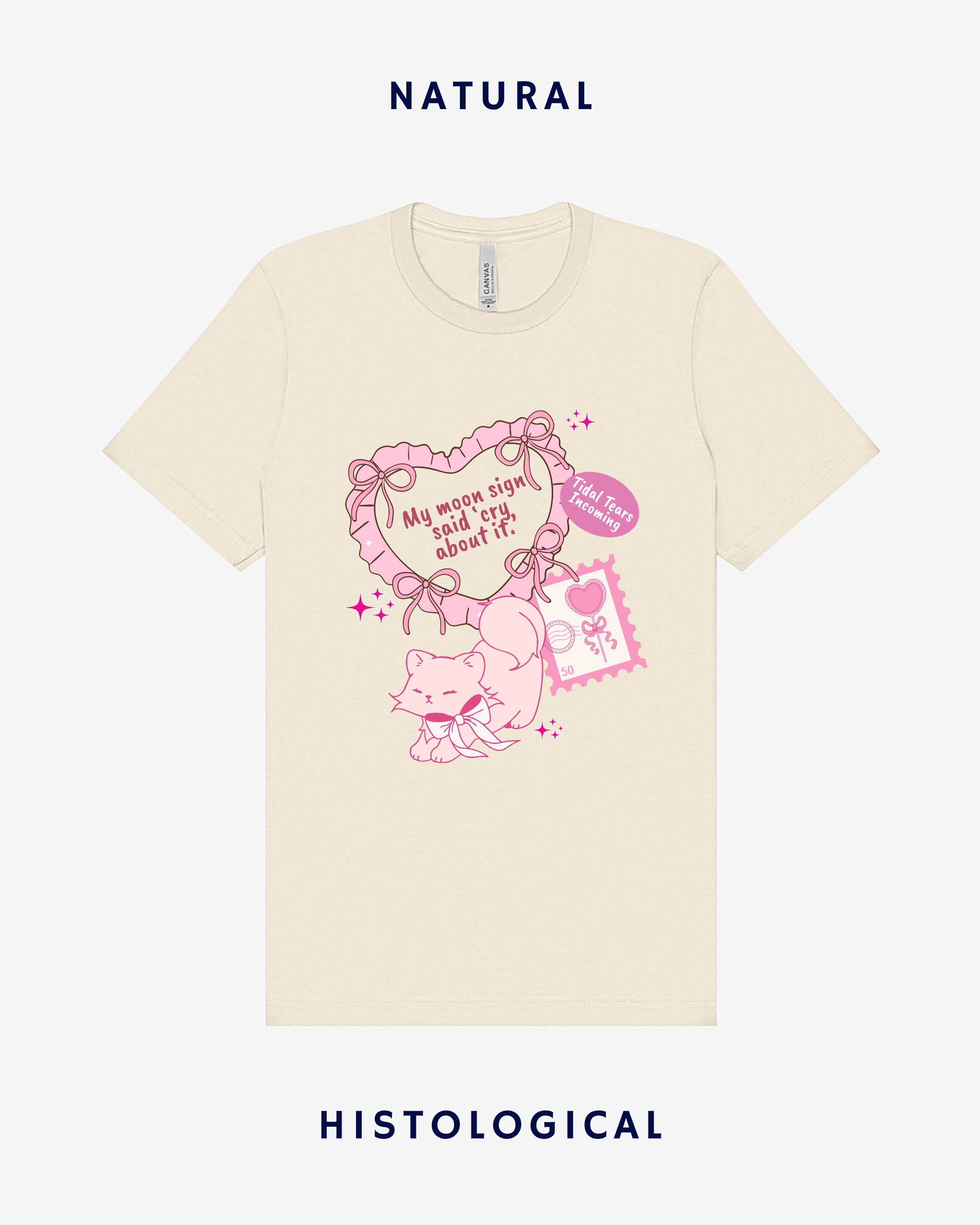 Beige t-shirt with pink graphic design on a white background
