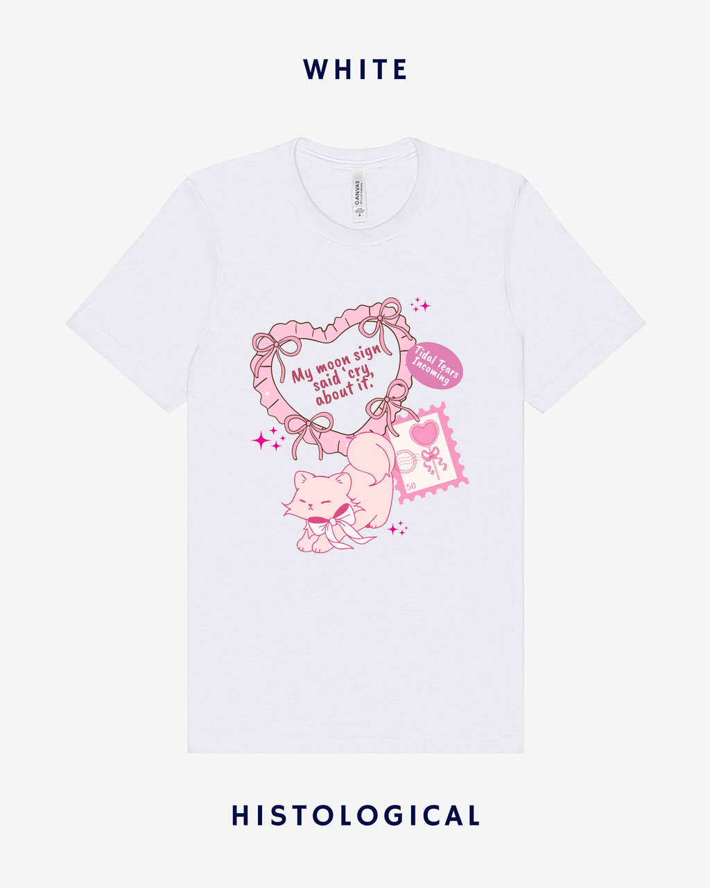 White t-shirt with pink graphic design on a white background
