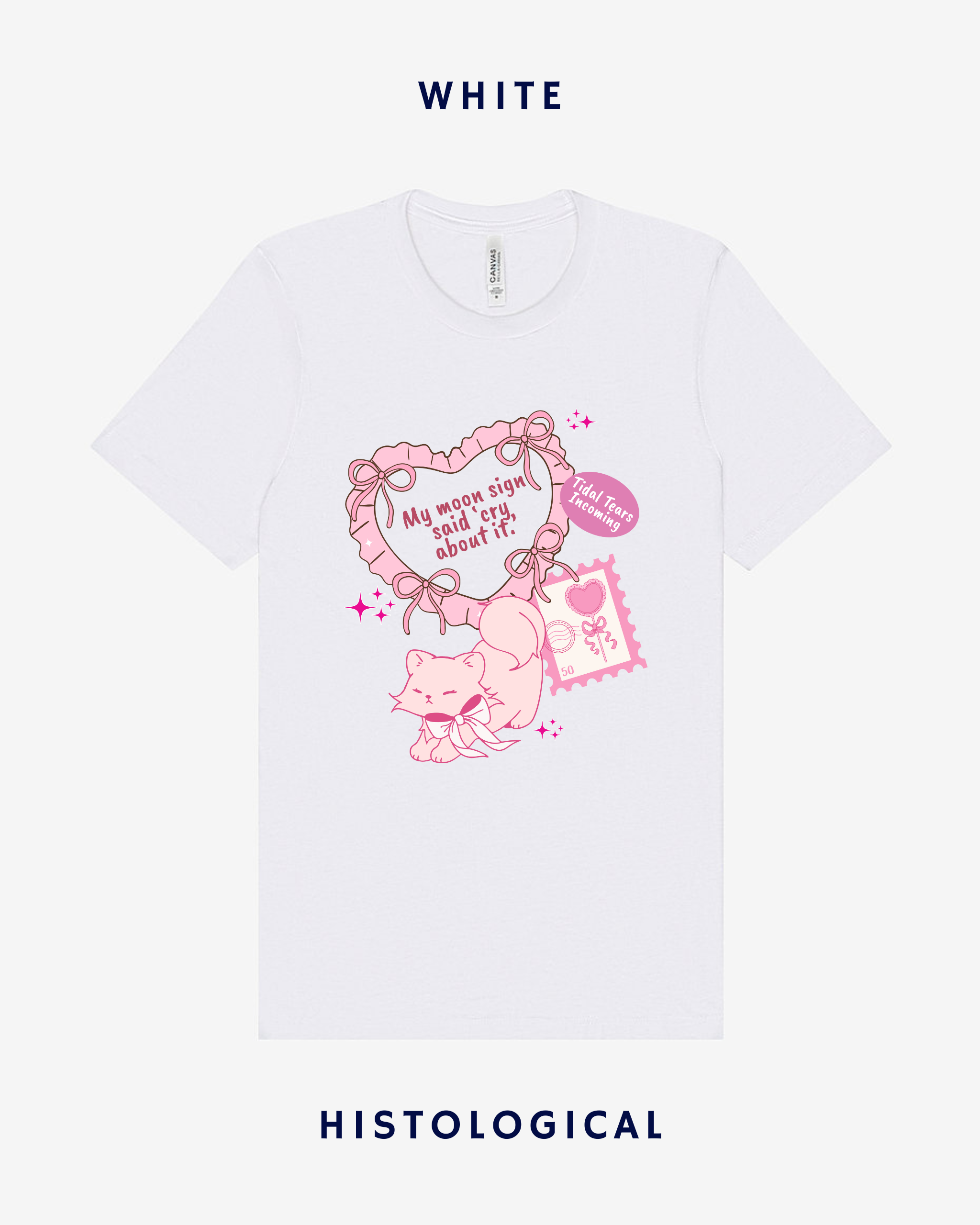 White t-shirt with pink graphic design on a white background