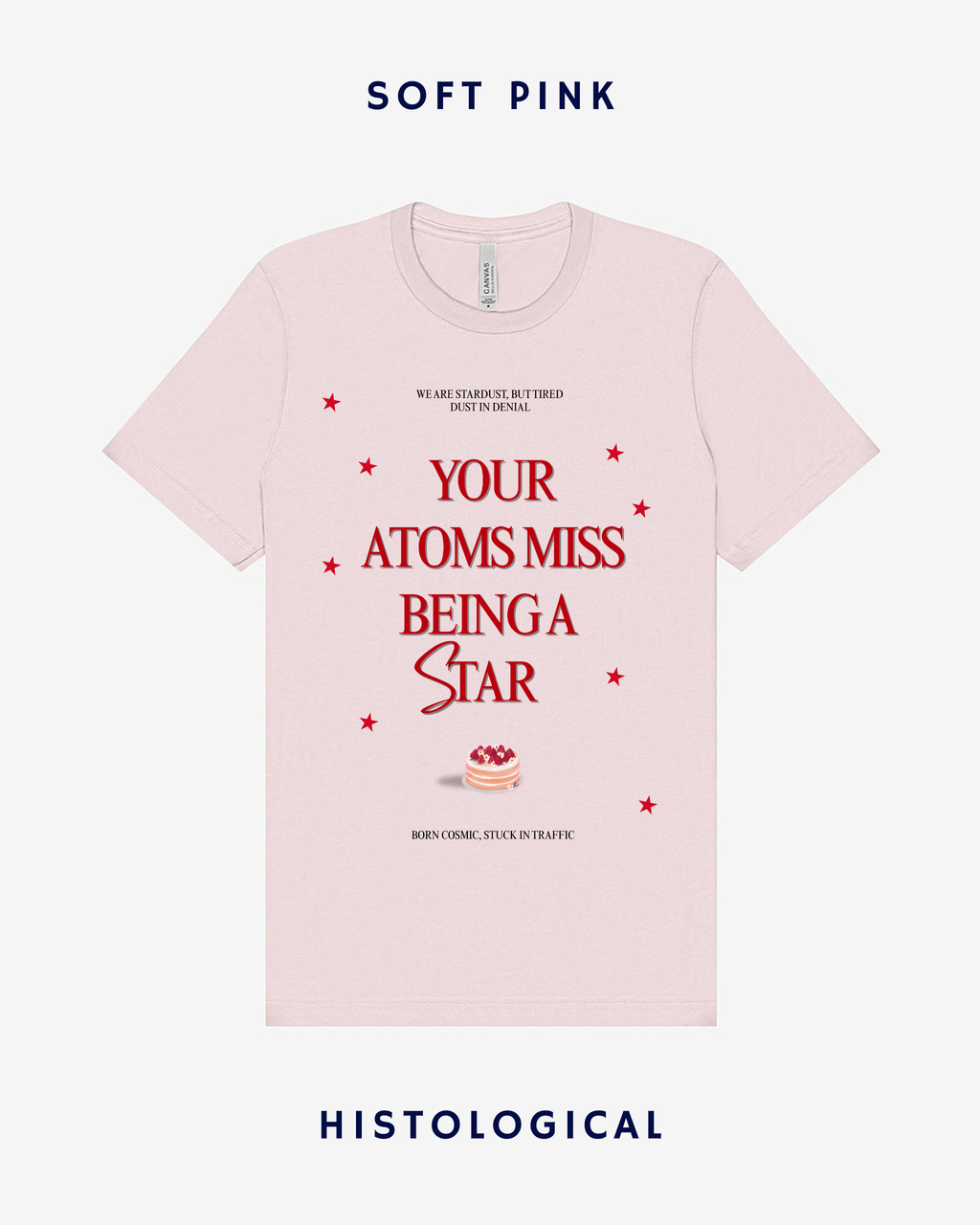 Pink t-shirt with red text and graphics on a white background
