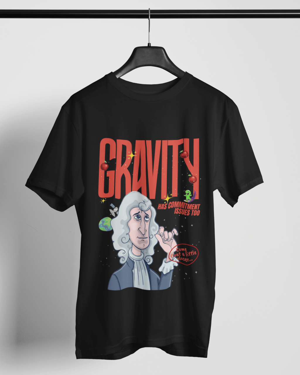 Black t-shirt with a graphic design featuring a person with white hair and text on a hanger against a light gray background.