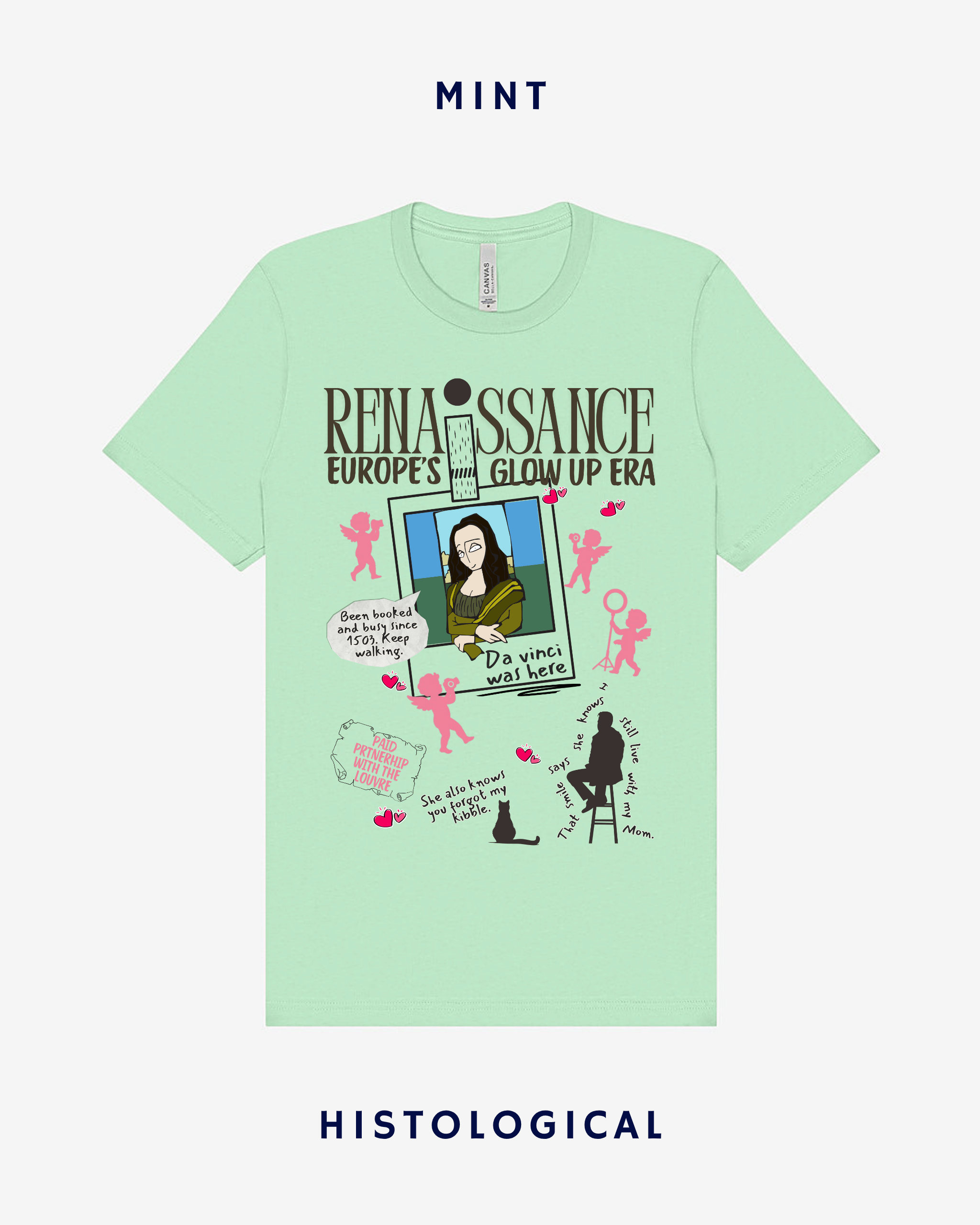 Mint green t-shirt with graphic design and text on a white background