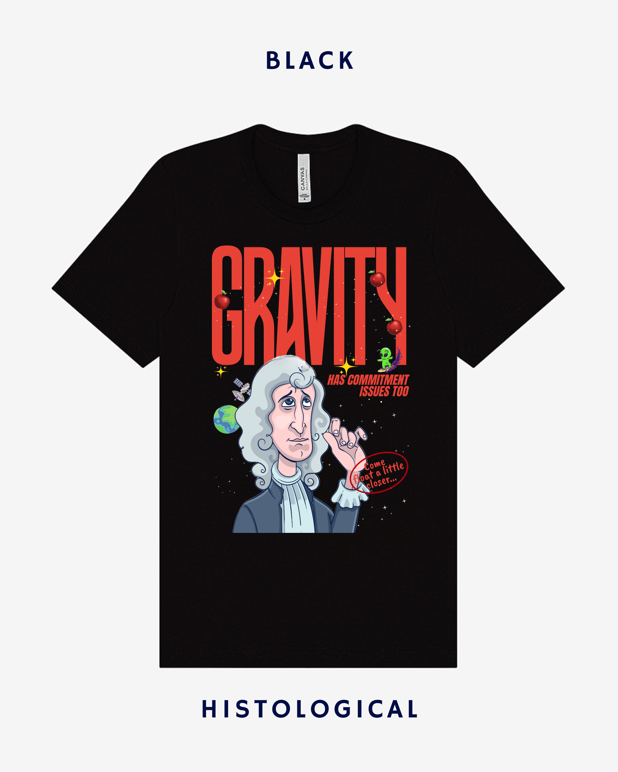 Black t-shirt with a graphic design featuring a person with white hair and a text 'GRAVITY HAS COMMITMENT ISSUES TOO' on a white background.