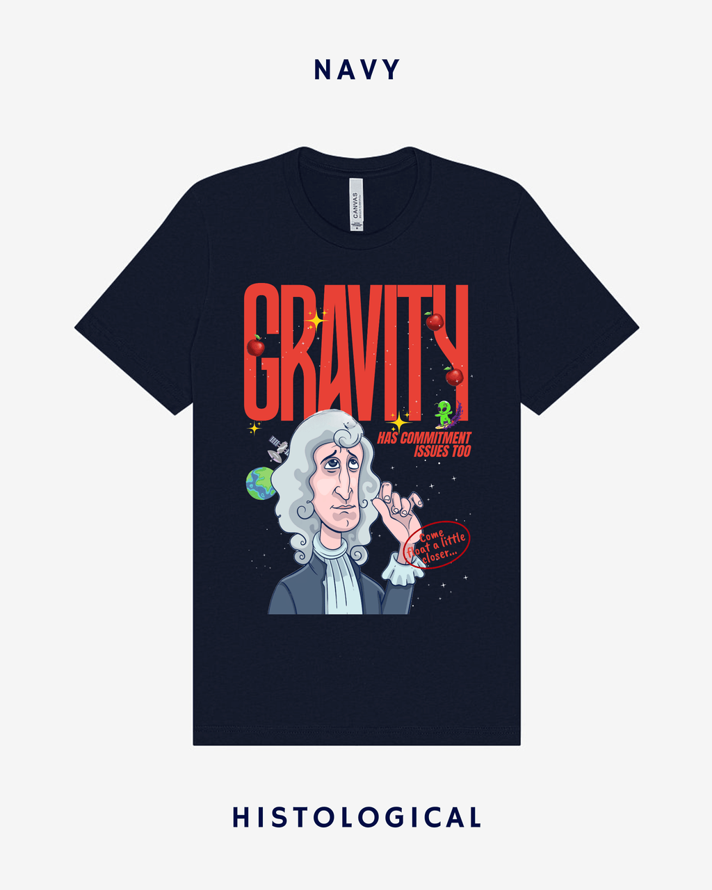 Navy t-shirt with a graphic of a scientist and 'GRAVITY' text on a white background