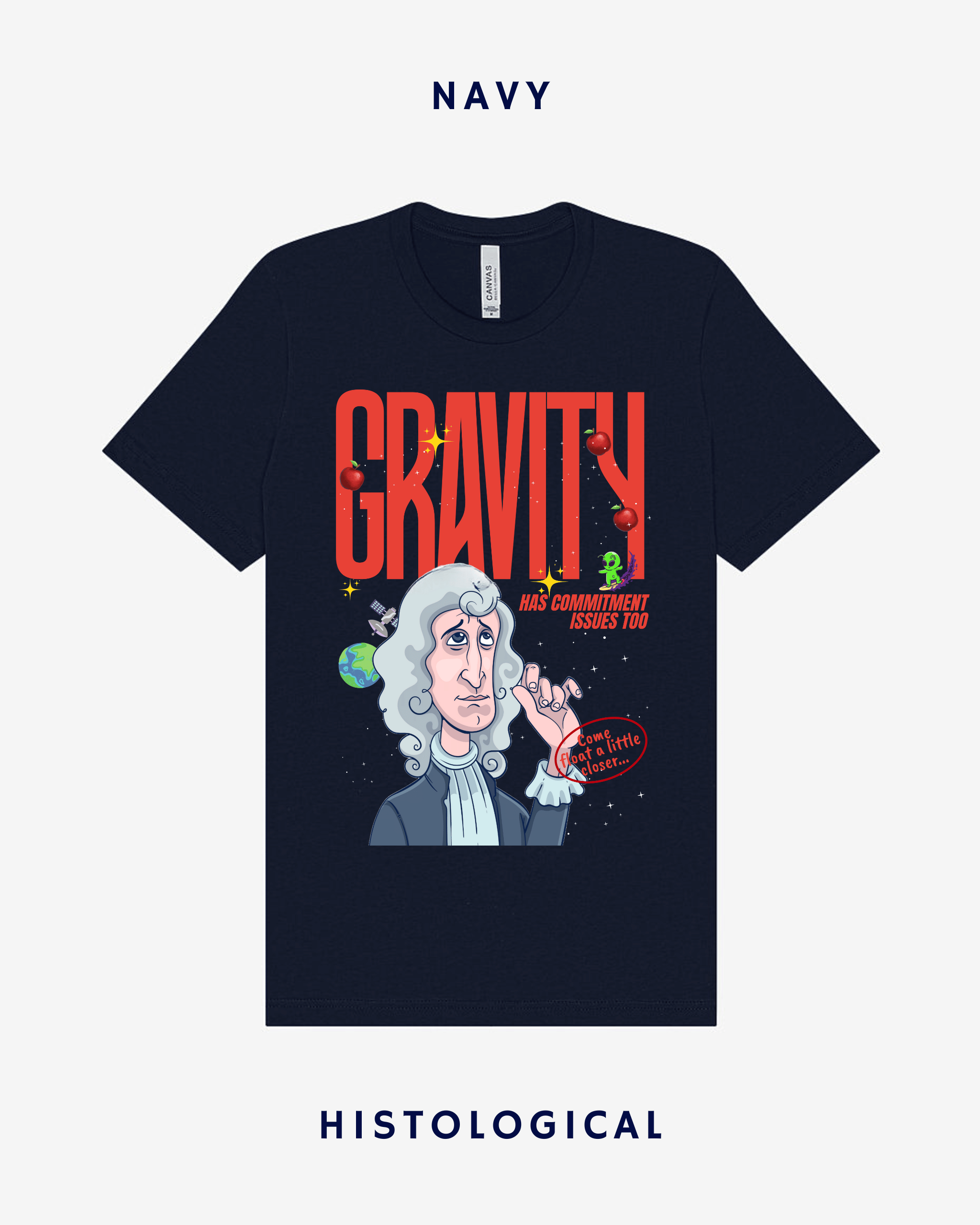 Navy t-shirt with a graphic of a scientist and 'GRAVITY' text on a white background