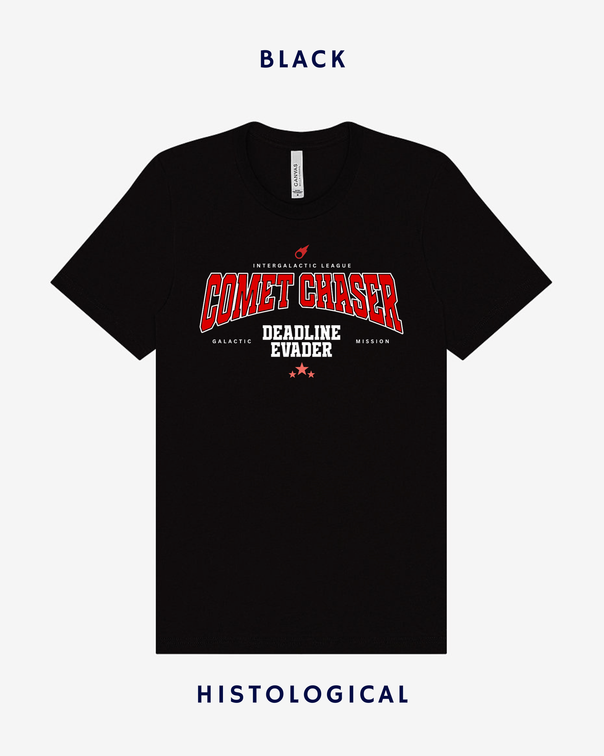 Black t-shirt with 'Comet Chaser' text design on a white background