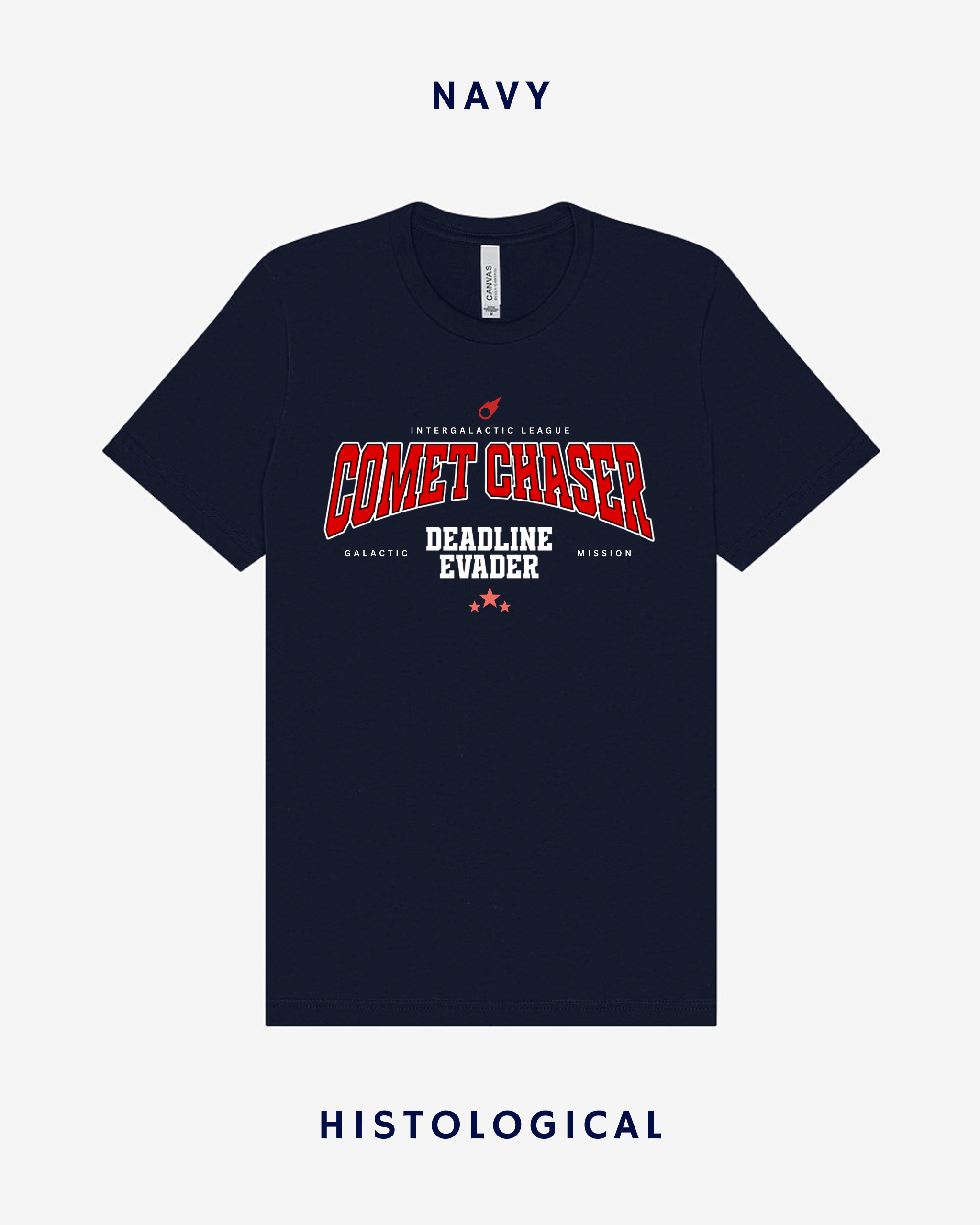 Navy t-shirt with 'Comet Chaser' text on a white background