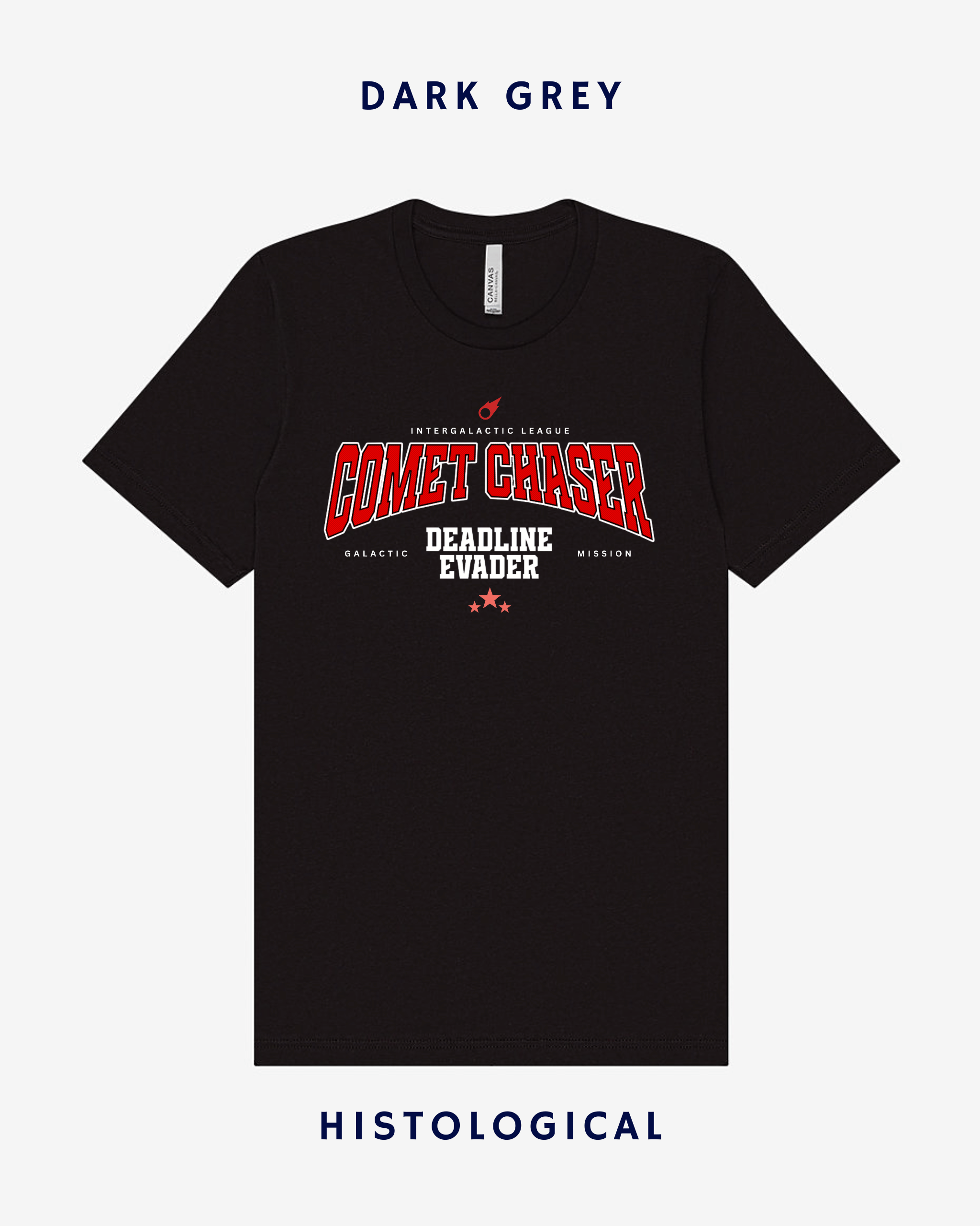 Black t-shirt with red and white text on a white background