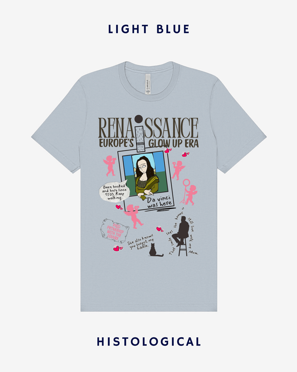 Light blue t-shirt with graphic design and text on a white background