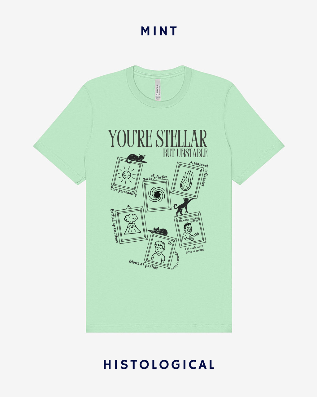 Mint green t-shirt with humorous design and text on a white background