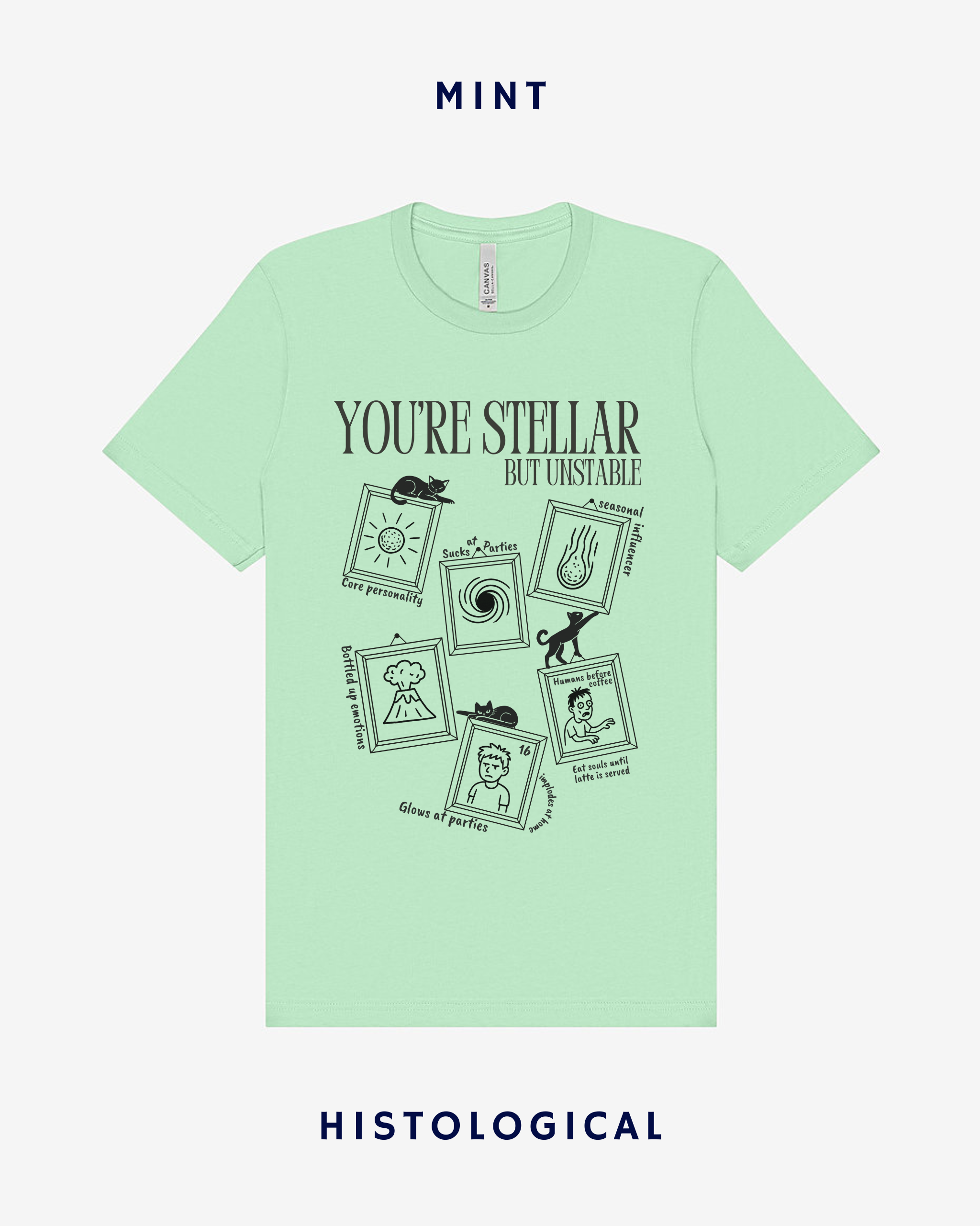 Mint green t-shirt with humorous design and text on a white background
