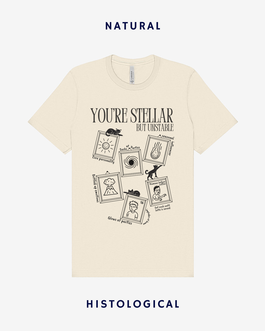 Beige t-shirt with black text and graphics on a white background