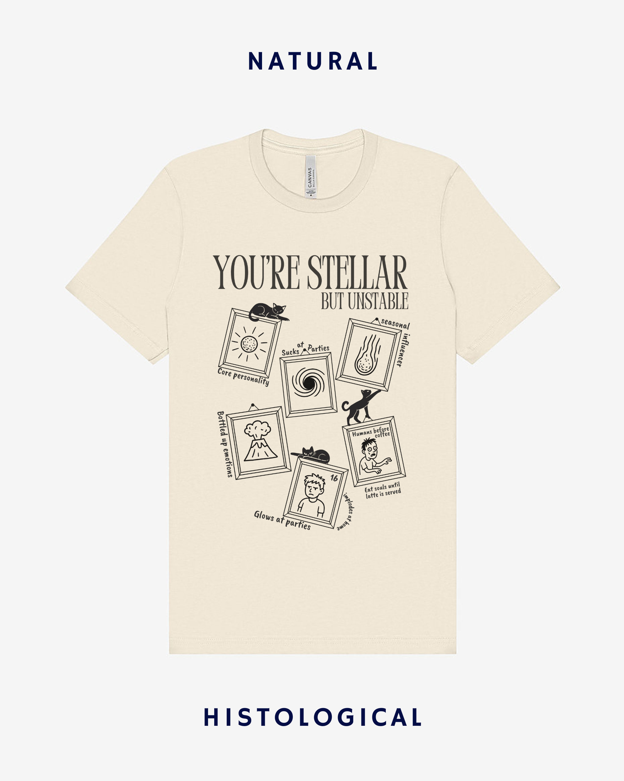 Beige t-shirt with black text and graphics on a white background