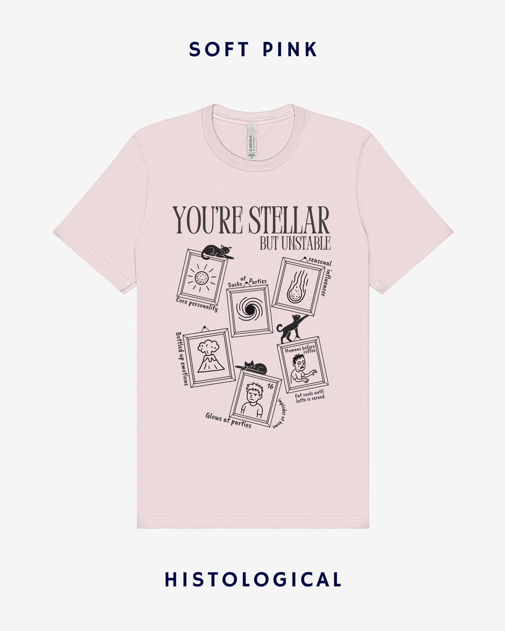 Pink t-shirt with black text and graphics on a white background