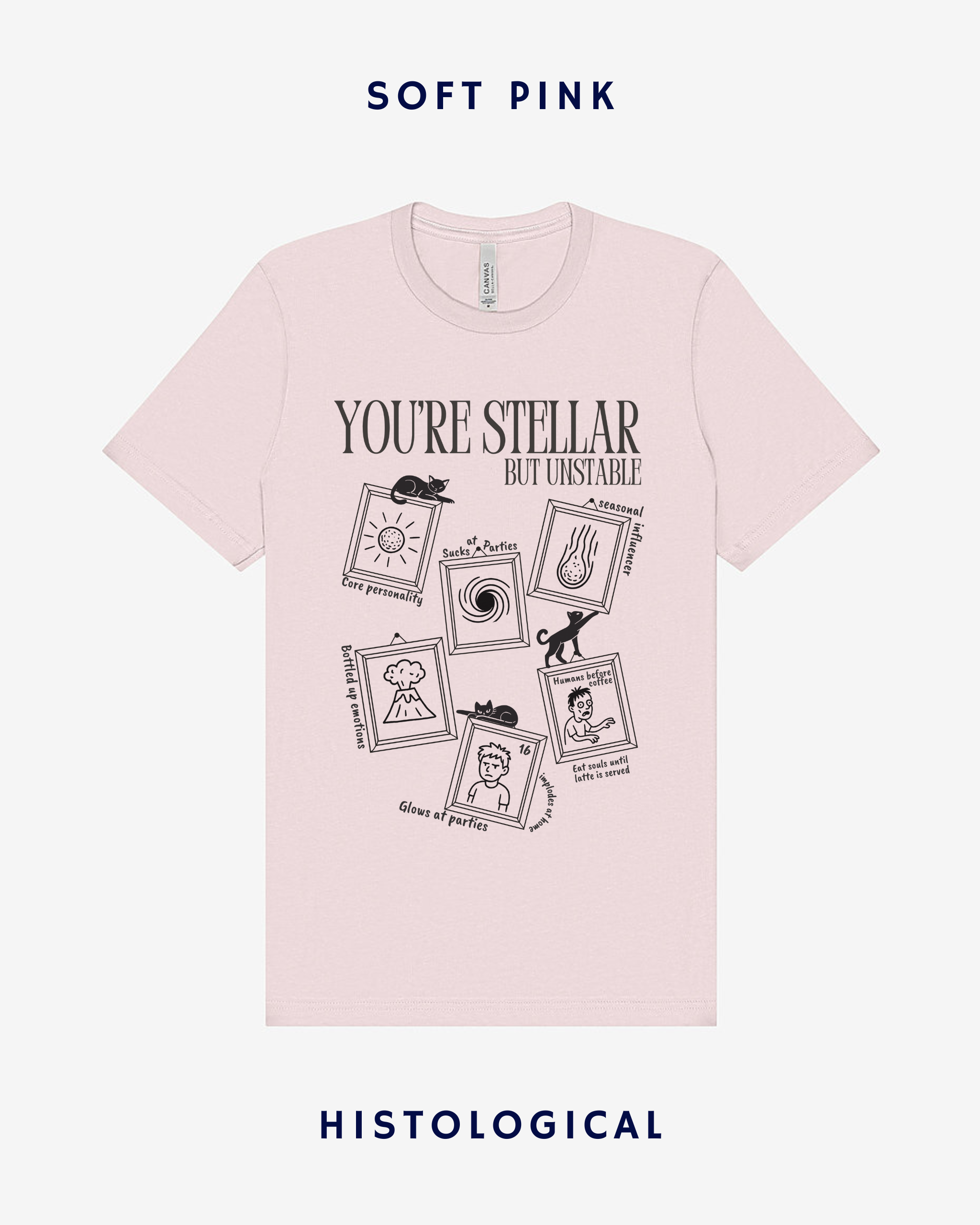 Pink t-shirt with black text and graphics on a white background