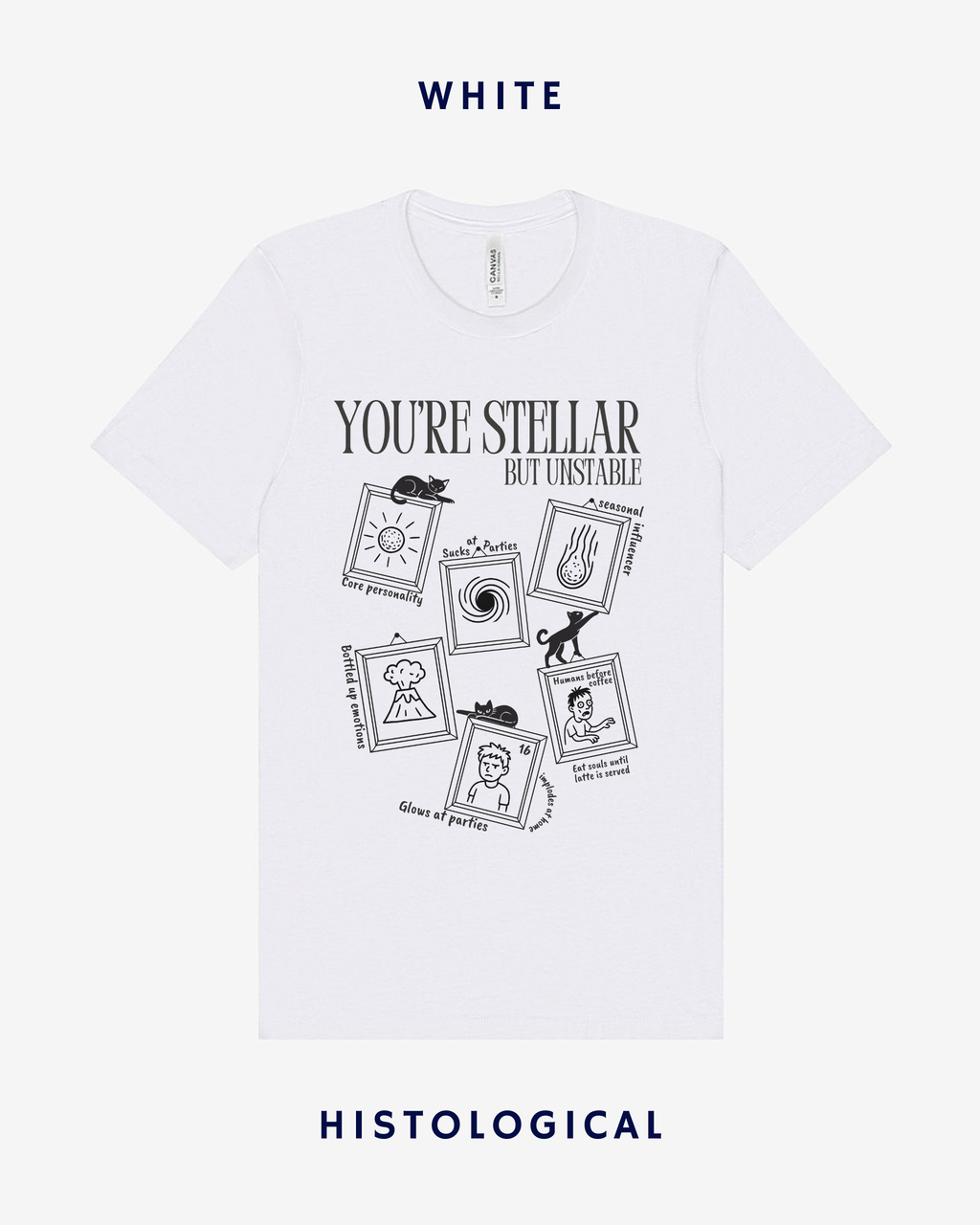 White t-shirt with black graphics and text on a white background