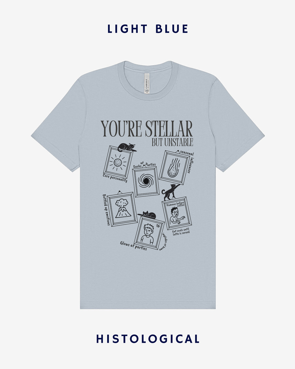 Light blue t-shirt with black text and graphics on a white background