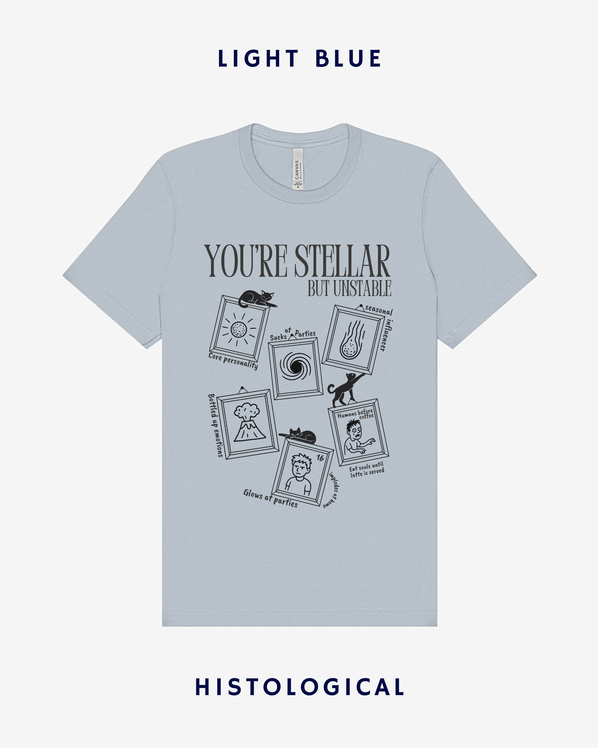 Light blue t-shirt with black text and graphics on a white background