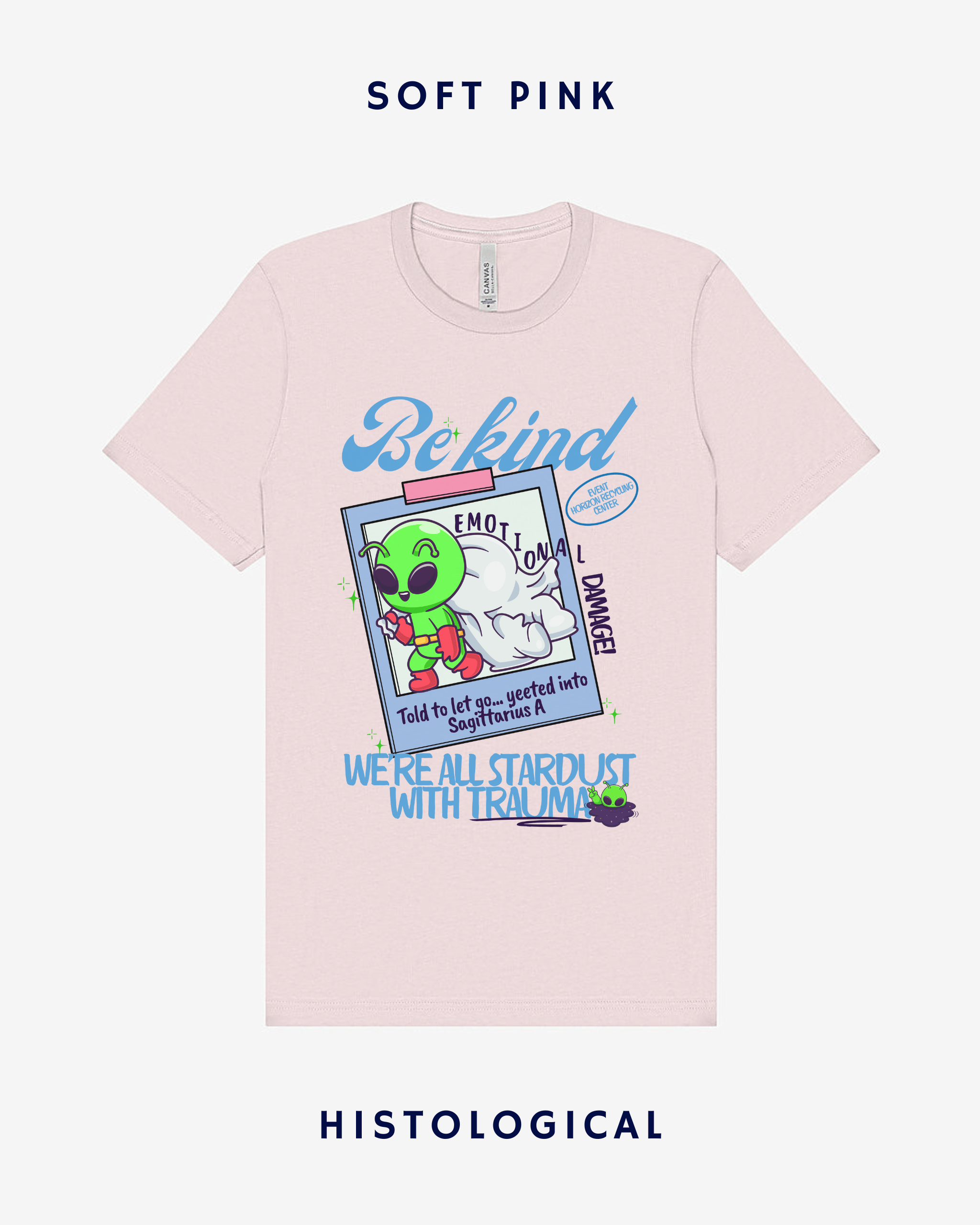 Pink t-shirt with graphic design and text on a white background