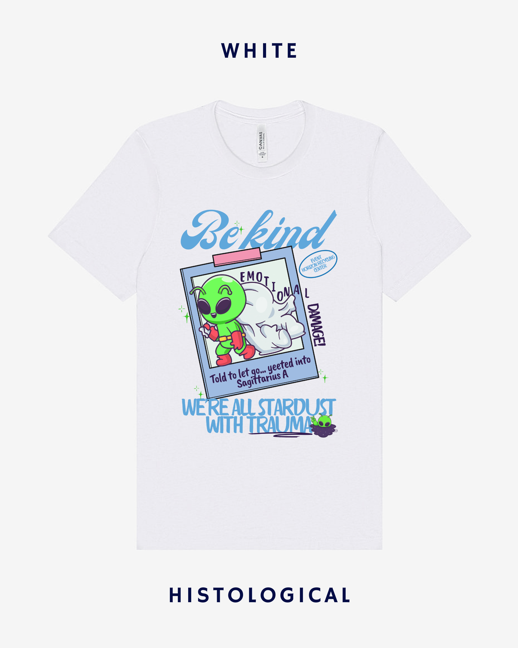 White t-shirt with a graphic design featuring an alien and text on a white background